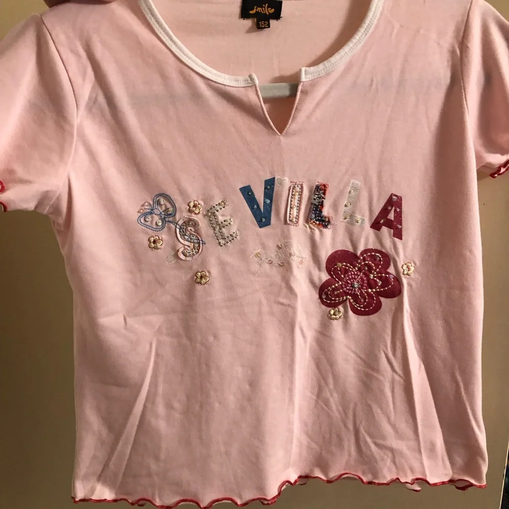 Girls Sevilla embroidered sparkly baby‎ tee ruffle hem pink girls size large 32”